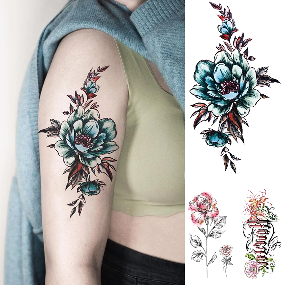 

Waterproof Temporary Tattoo Sticker Blue Rose Unicorn Flash Tattoos Flowers Rose Moon Deer Body Art Arm Fake Sleeve Tatoo Women