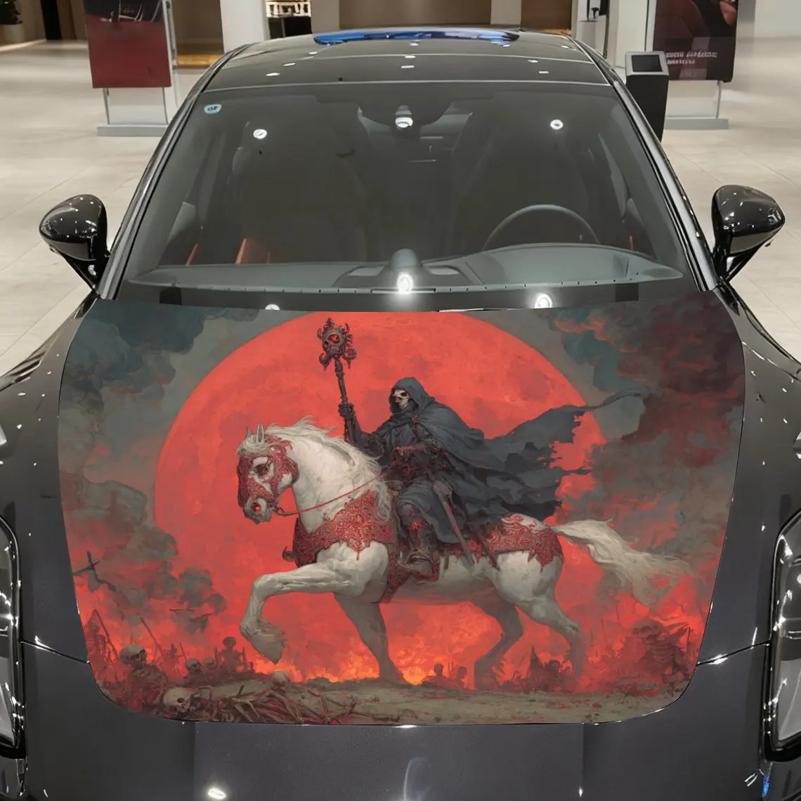 

Black Skeleton And White Horse Car Hood Wrap - Self-Adhesive Vinyl Sticker For Trucks, Durable & Wear-Resistant, Decorative Bonn