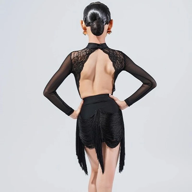 أزياء سوداء قاعة الرقص المنافسة فساتين أطفال أداء الرقص ملابس الفتيات الرقص اللاتينية مهدب زي