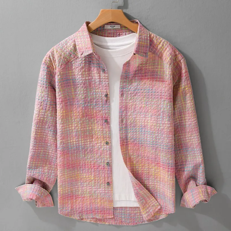 

2026, весенне-осенняя новая хлопковая мягкая рубашка в клетку с длинными рукавами для мужчин, одежда с отложным воротником, универсальная уличная одежда