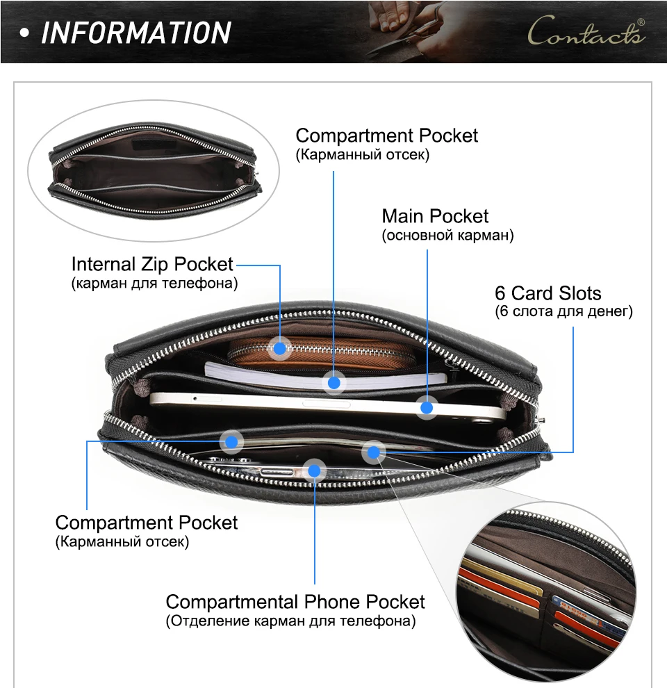CONTACT'S Herren-Clutch mit Passwortschloss-Design, Langlebige Handtasche mit Reißverschluss, Herren-Geschäftslangbörse aus Echtleder, Handytasche – Detail 5