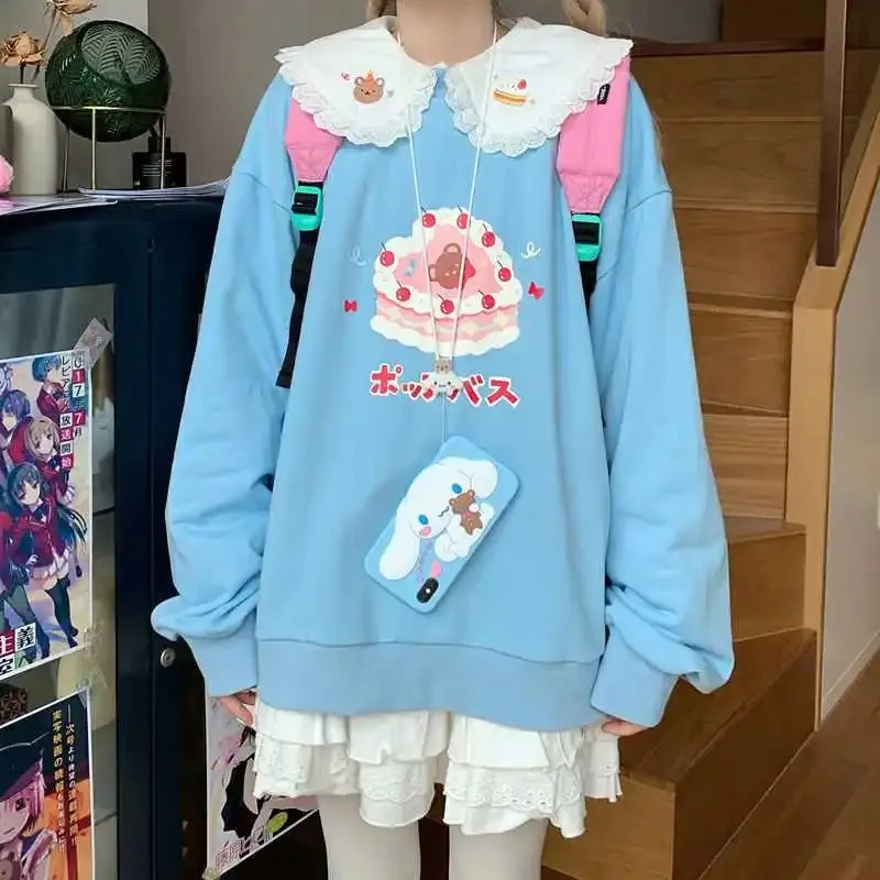 

Pullover Preppy Style Sweet Femme Kawaii Hoodies Lace Ruffles Peter Pan Collar Sweatshirt Cherry Cake Print Bear Embroidery Tops