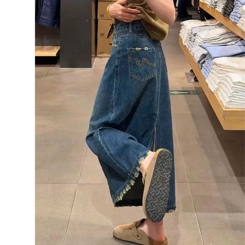 Falda vaquera con volantes y bordado de palabras, nueva sensación de diseño para primavera-verano, falda larga abierta, casual y versátil, falda midi para mujer