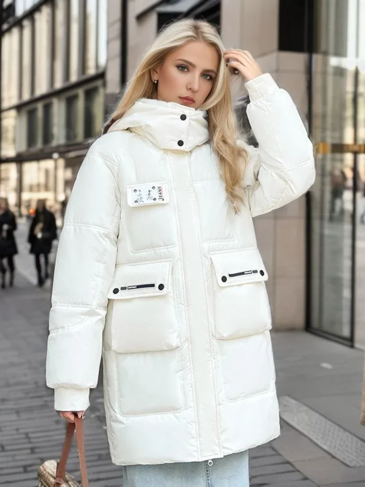 

Women's Hooded Jacket Stand Collar Long down Sleeve Mid-Length Korean Fashion Loose Thick Warm Casual Winter Parka