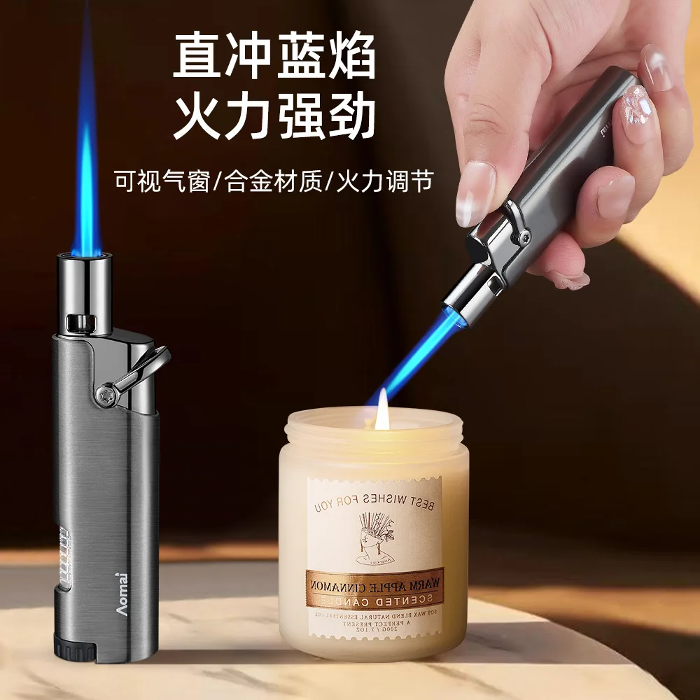 Windproof Jet Blue Flame Turbine Butane Gas Torch Lighter Visible Gas Window Outdoor Portable Cigar Lighters Smoking Gadgets