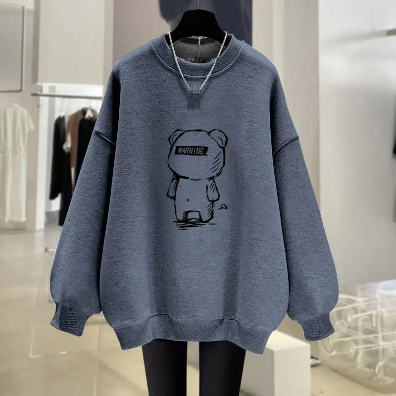 Frauen Frühling und Herbst Neue Oansatz Pullover Mode Druck Sweatshirts Casual Lose Vielseitige Langarm Medium Länge Tops