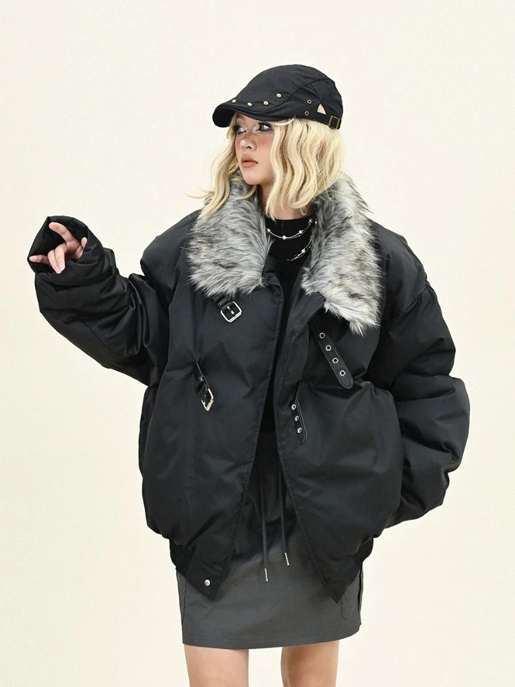 2024 Streetwear Women Fur Patchwork Grunge Parkas Winter Black Vintage Punk Loose Jackets Y2k Aesthetic Thicken Warm Casual Tops