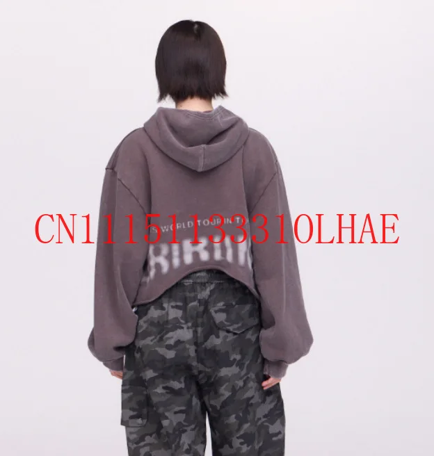 2026 Brauner gewaschener Distressed Cropped Hoodie mit ARIRANG-Print, kurzer Oversized Hoodie, lässiges Streetwear-Sweatshirt