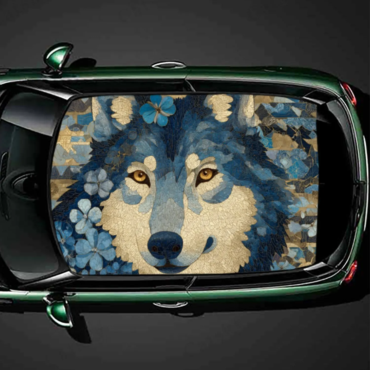 

Artistic Blue Flowers & Wolf Car Roof Vinyl Wraps Sticker, Auto Decal, Artistic Vehicle Decoration, Self-adhesive Waterproof Car