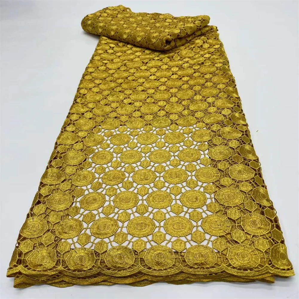 

Newest Yellow Nigerian Guipure Cord Lace Fabric African Guipure Lace Fabric High Quality Lace 5 yards for Party Dress