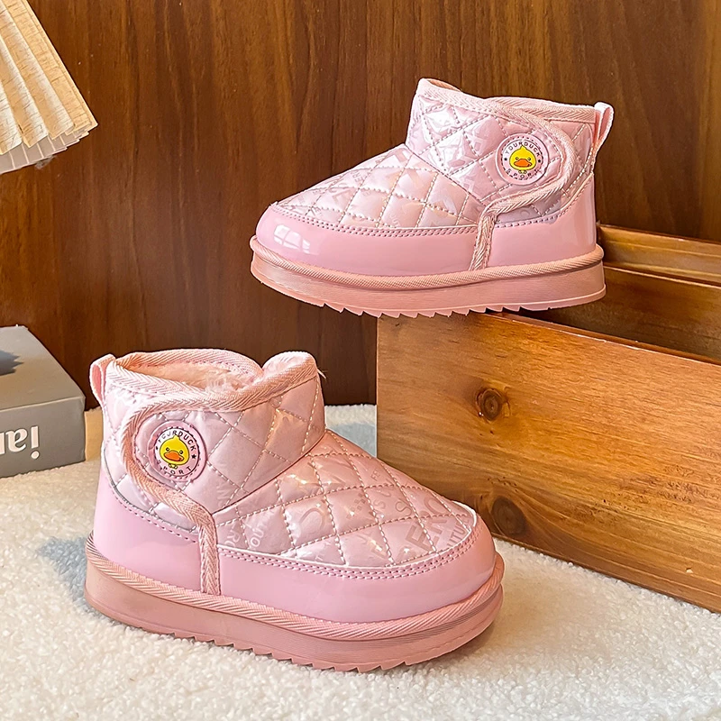 

Children Winter Snow Boots Girls Leather Add Velvet Thickened Watertight Soft Soled Cotton Boots Boy Checkered Upper Solid Color
