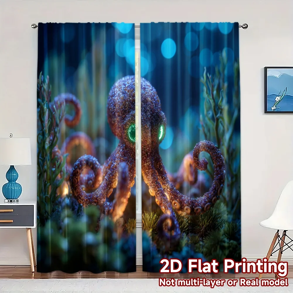 2pcs, 2D FLAT PRINTING Curtains (Without Rod) Glowing Octopus Popular Pattern Curtains Yarn Curtains Thermal Insulation, and