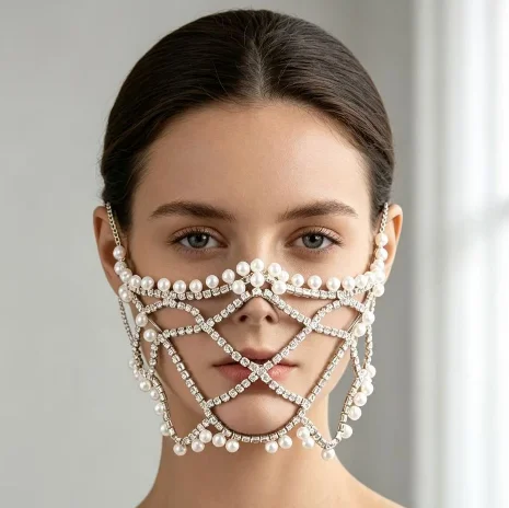 Vintage Rhinestone Pearl Net Face Chain, Hollow Out Face Jewelry for Prom, Halloween, Wedding Photoshoot
