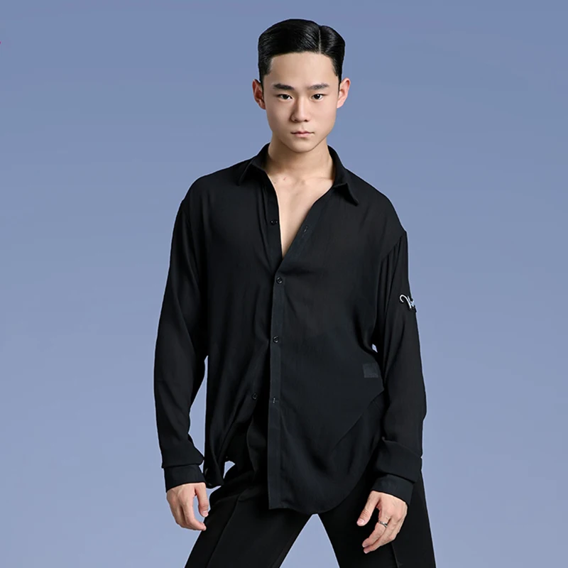 

Latin Dance Shirt For Men Black Long Sleeve Latin Dance Tops Cha Cha Rumba Stage Costume Male Boys Training Clothes Shirt 2186