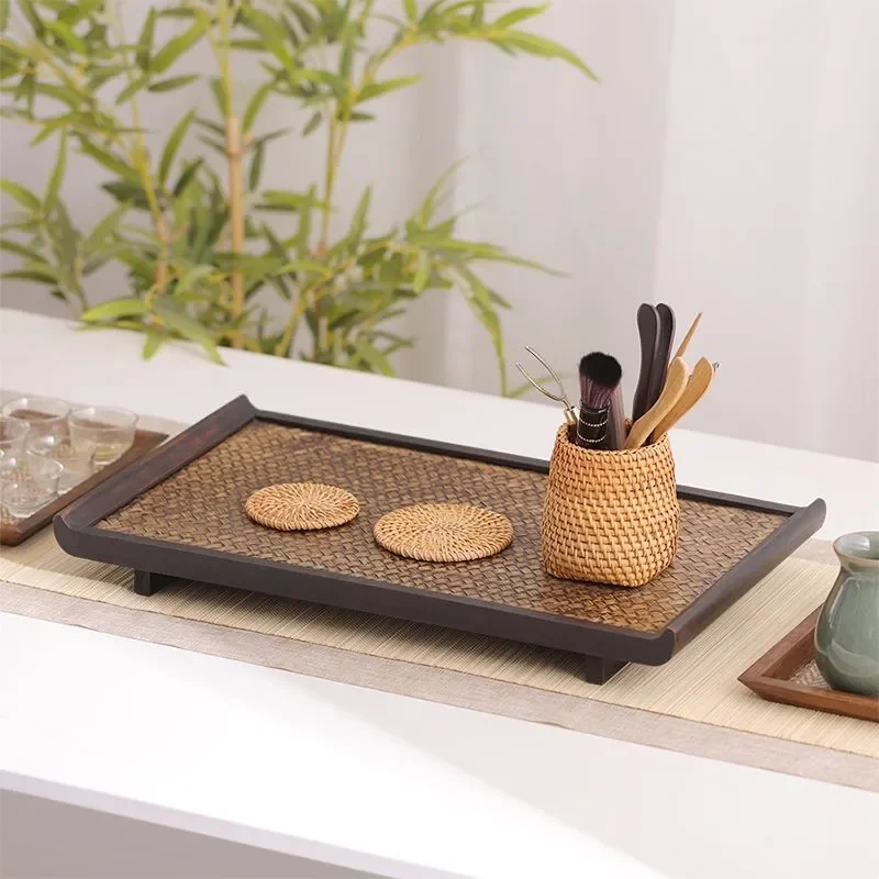 Zen Retro Style Tea Set Storage Tray Retro Tea Tray Household Japanese Style Solid Wood Bamboo Woven Tea Cup Rattan Tray