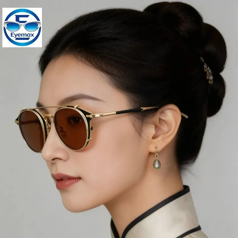 Top Quality Retro Round Magnetic Clip On Sunglasses Ultra-light Titanium Frame UV Protection Eyewear for Men Women Daily Travel