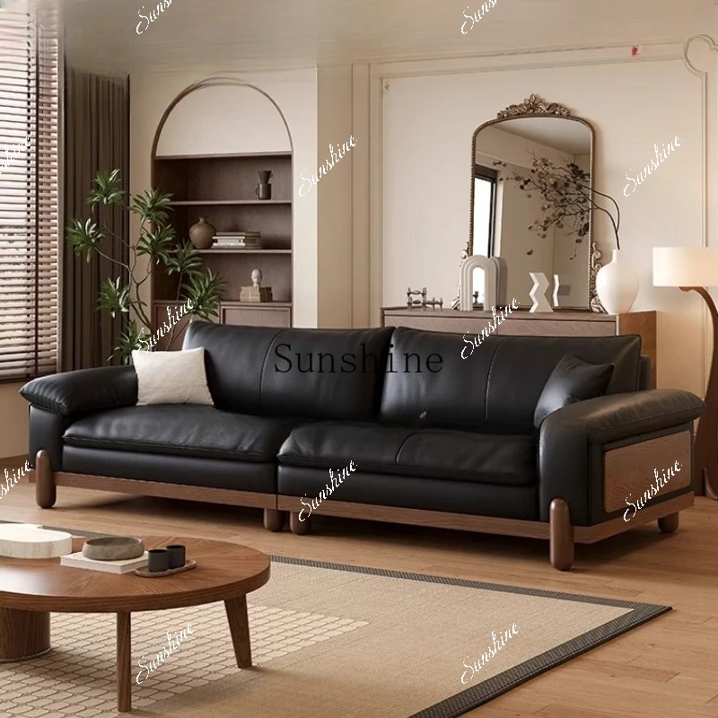 Medieval black leather living room solid wood straight row sofa simple and modernN