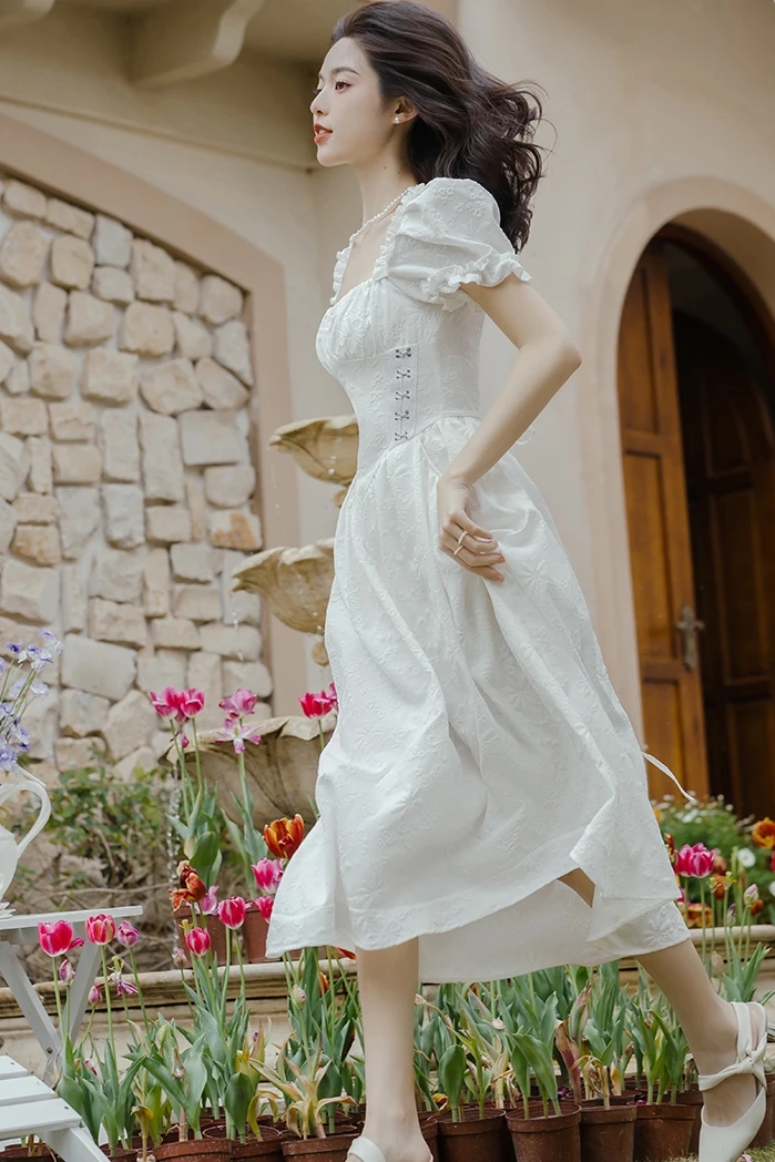 

Sweet Cool Spicy Fairy Long Dress Heavy Embroidery Waist Cinch Bubble Sleeve Square Collar Maxi Dress French Style Summer Dress
