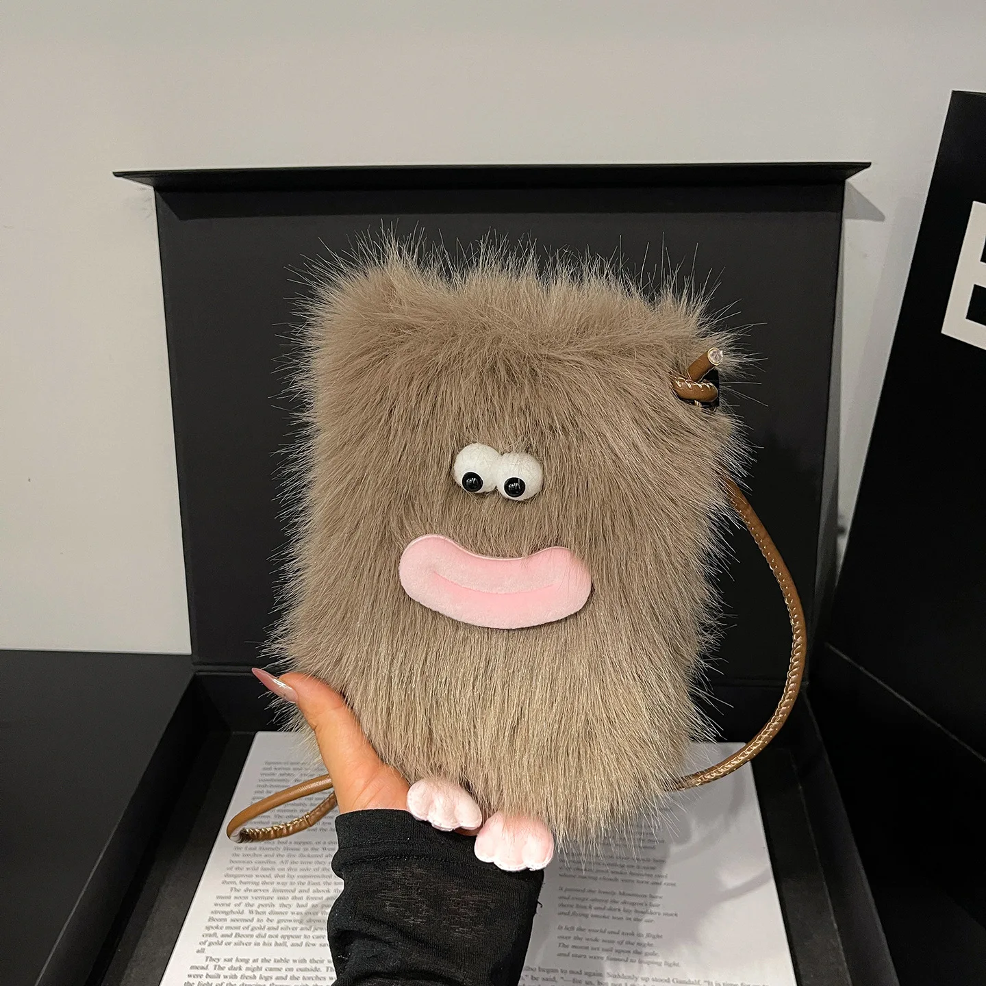 Cute Cartoon Plush Bag for Women Ins Trendy Cute Big Mouth Hairy Straw Small Square Bag, Internet Celebrity Phone Bag