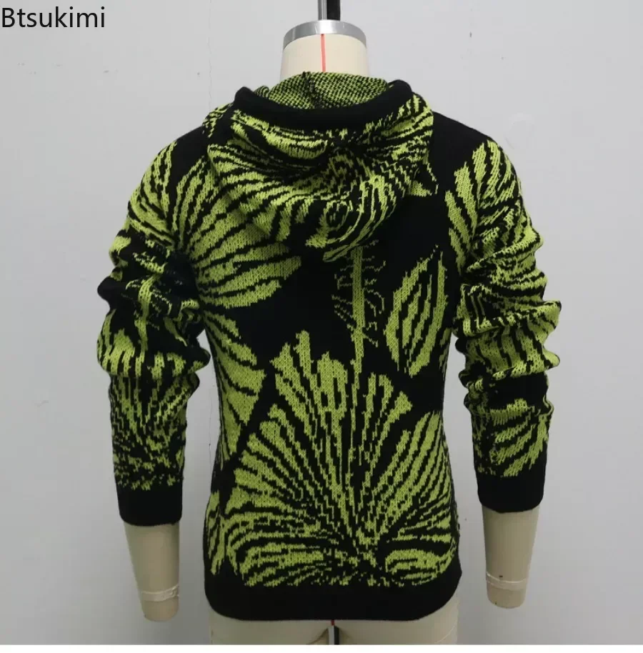 Nieuwe 2024 Heren Casual Losse Truien Met Capuchon Trui Tops Gebreide Print Lange Mouw Truien Herfst Winter Dagelijkse Kleding Warme Trui