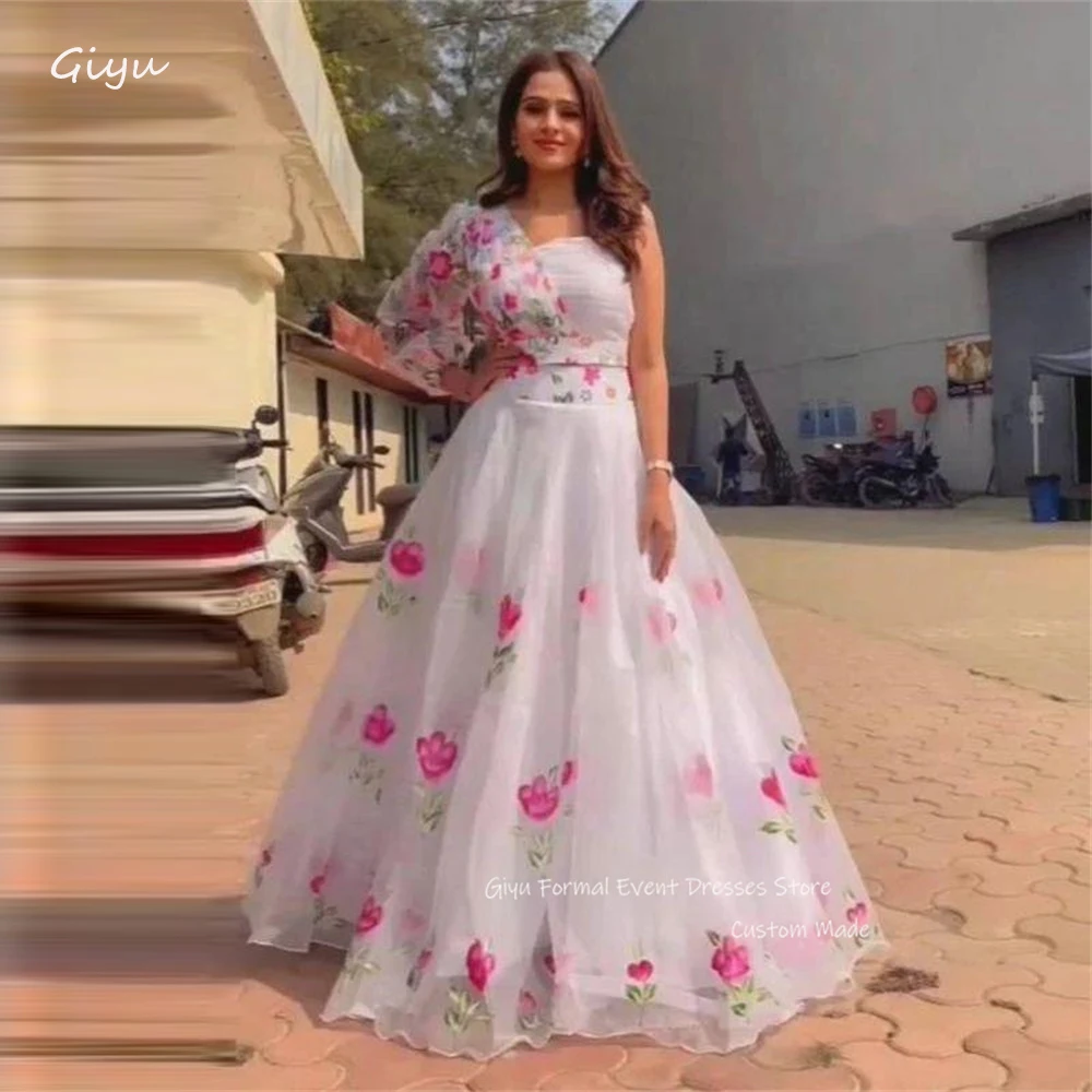 

Giyu Pink Printed Silk Organza Evening Dresses Dubai Arabic Women One Shoulder Floor Length Prom Gowns Formal Occasion Dress