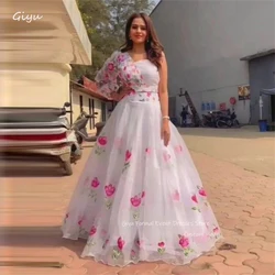 Giyu Pink Printed Silk Organza Evening Dresses Dubai Arabic Women One Shoulder Floor Length Prom Gowns Formal Occasion Dress