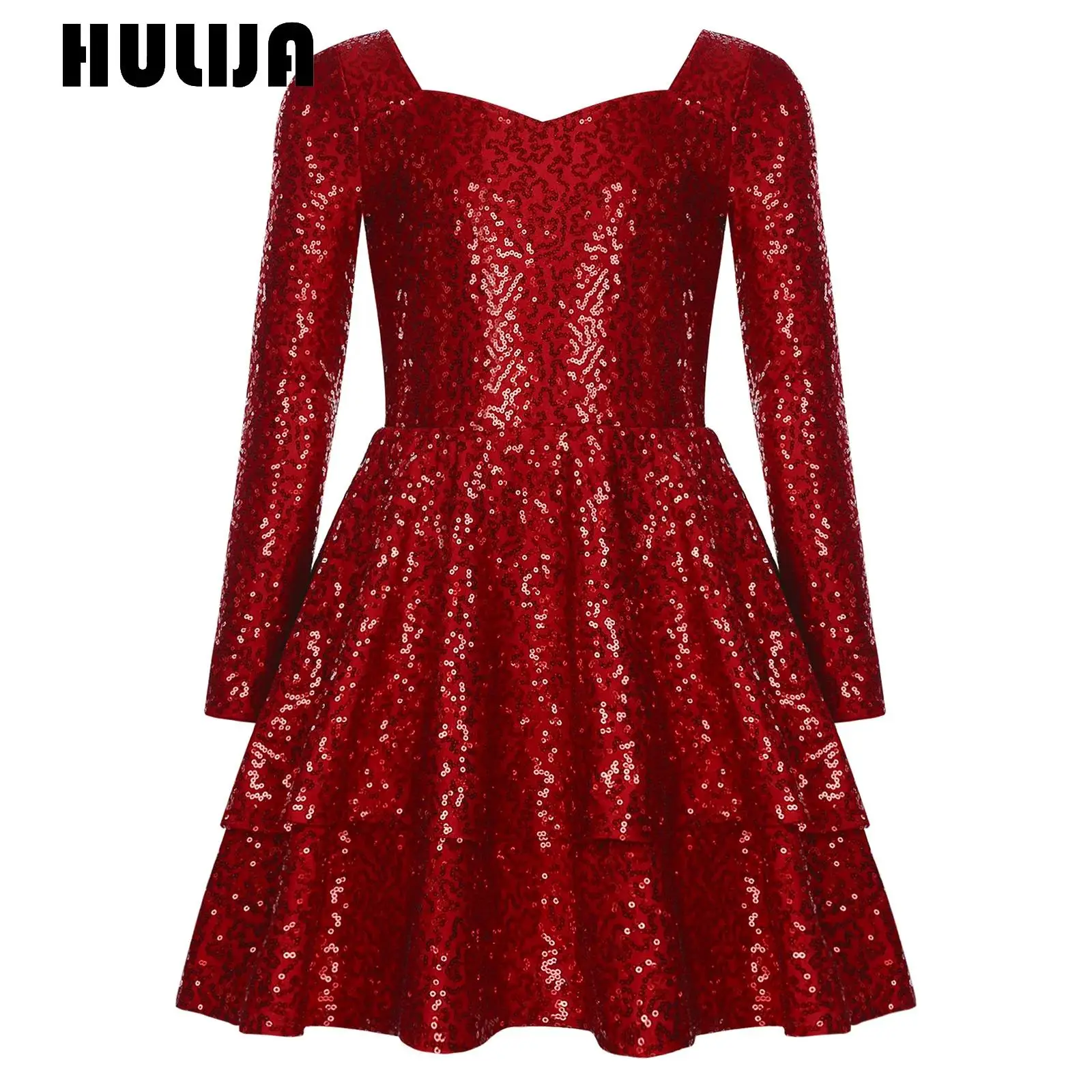 

New style Sequin Wedding Dress for Girls 6-16 years Long Sleeve Double Layer Ruffle Princess Dress Party Performance Clothes