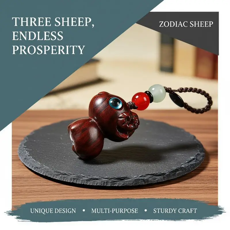 Hand Carved Natural Sandalwood Cute Lamb Phone Charm With Big Bright Eyes Beaded Lanyard For Phone Bag Decor And Small Gifts