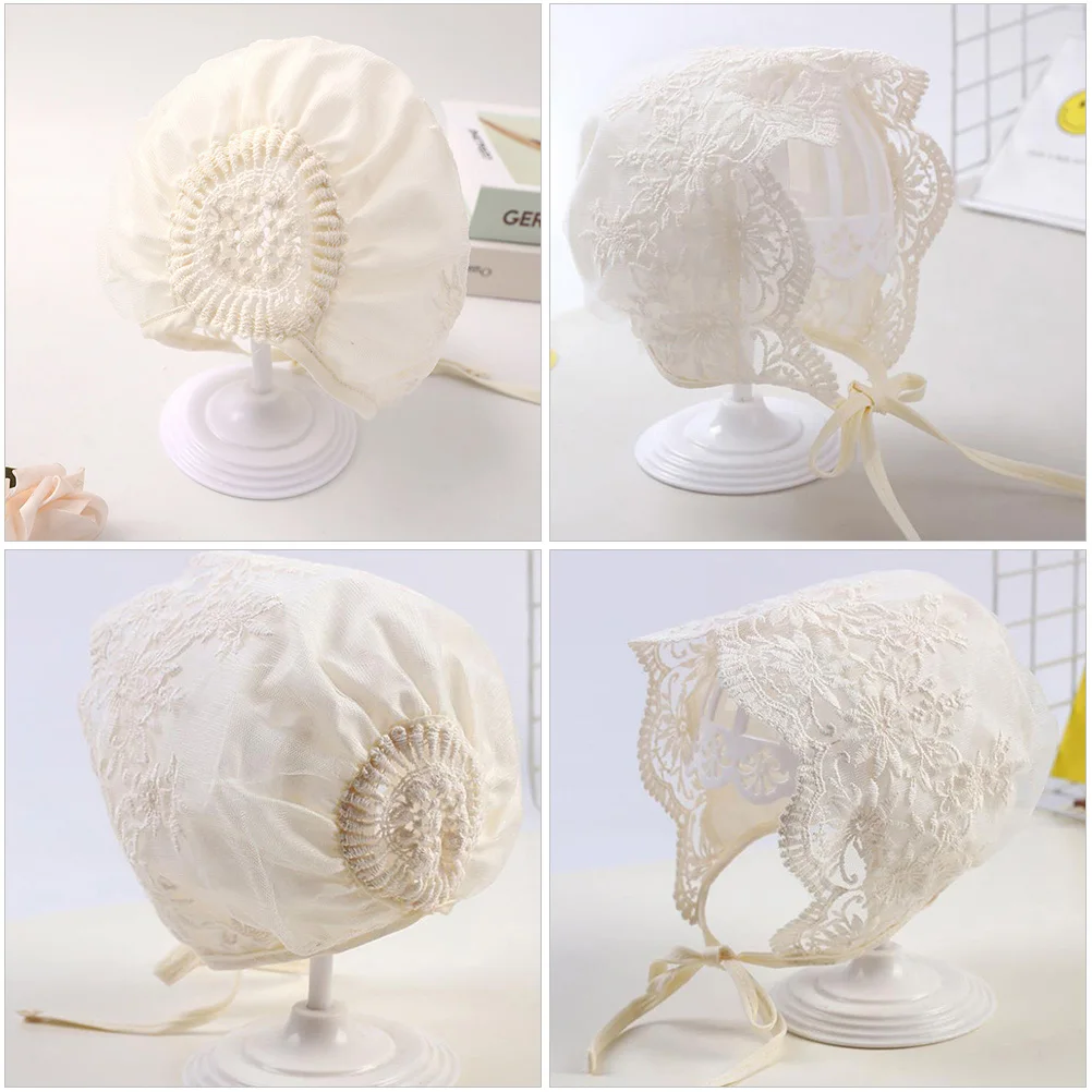 

2pcs Baby Bonnet Newborn Lace Christening Bonnet Baby Girl Head Wrap 0-6 Months Soft Breathable Elegant Sunhat For Kids