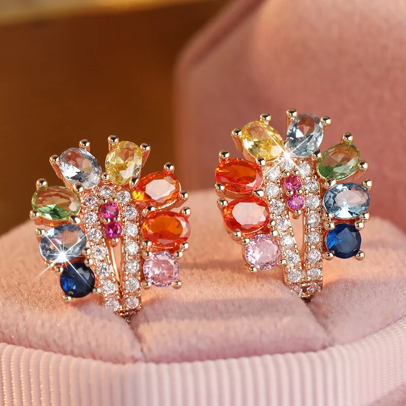 Exquisite Sparkling Rainbow Multicolor Synthetic Zirconia Flower Earring Romantic Retro Women Wedding Banquet Jewelry Accessorie