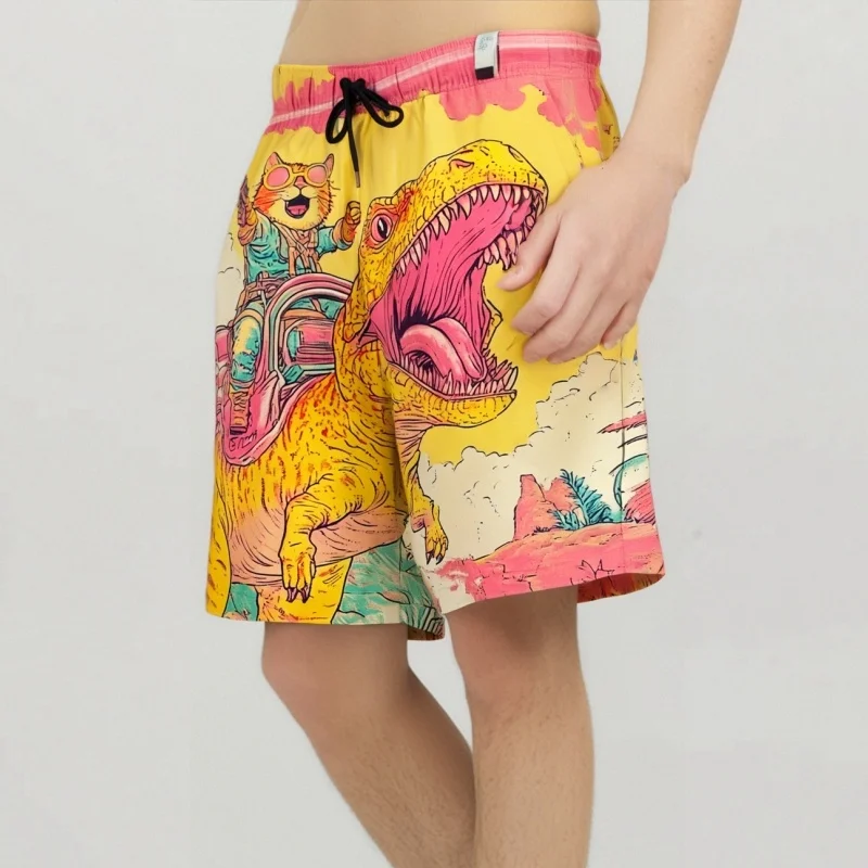 

Colorful Men's Cat And Dinosaur Fantasy Art Print Shorts Boho Style Beach Drawstring Knee Length Bottoms Man Clothings Oversized