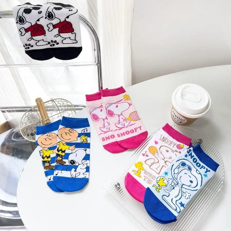 5 Pairs Snoopy Boat Socks Anime Calcetines Women Summer Low Tube Socks Casual Breathable Cotton Sock Sweat Absorbent Sports Sock