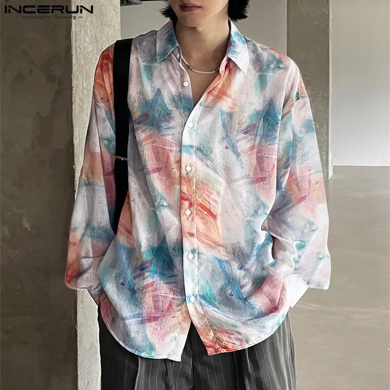 

Stylish Casual Style Tops INCERUN Men Mixed Color Tie Dye Design Shirts Streetwear Handsome Male Long Sleeved Blouse S-5XL 2024