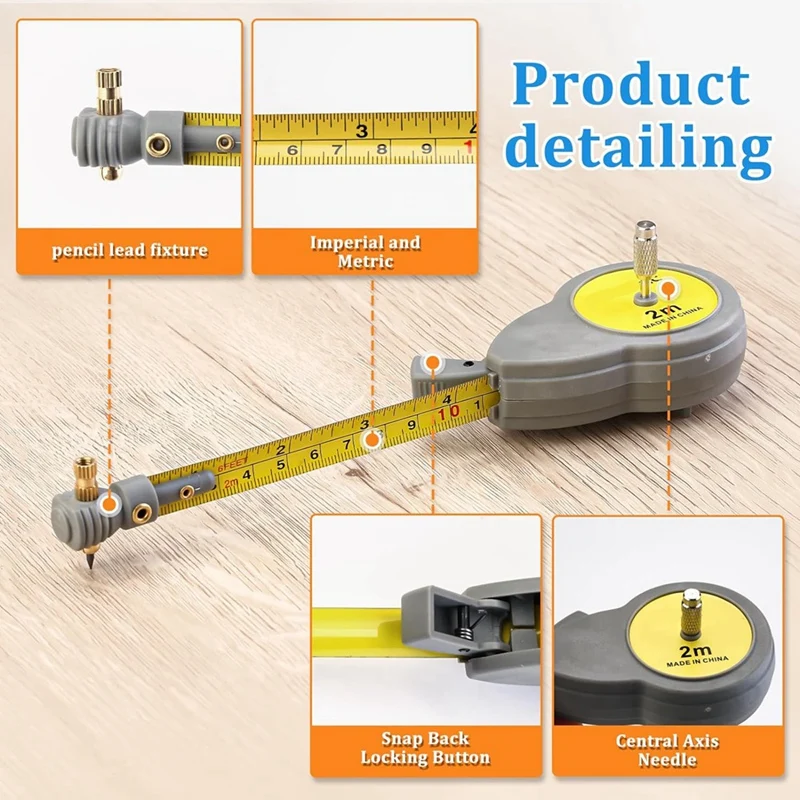 Rotating Tape Measure With 10 Pencil Leads Retractable Circle Drawing Tool For Lines And Arcs 6.56Ft Measure Beam Comp