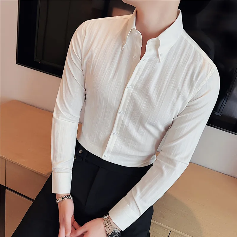 High Quality Striped Shirt for Men Large Lapel Casual Business Dress Shirt Fashion Long Sleeve Slim Social Party Tuxedo Blouse