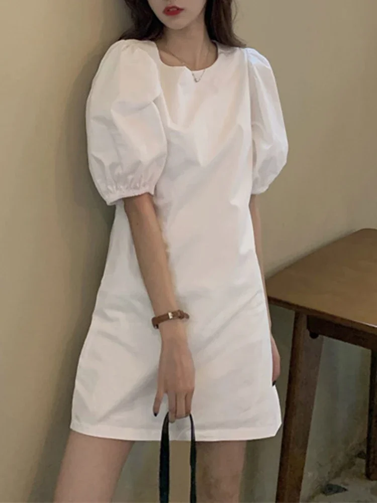 

VONDA Elegant Women Sundress Party Mini Dress 2025 Summer Short Puff Sleeve Casual Solid O Neck Loose Pleated Holiday Vestidos