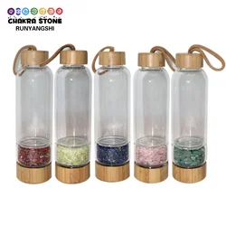 1PC Natural Stone Crafts Quartz Irregularity Gravel Glass Water Bottles With Stones Drinking Cup Wooden Lid Healing Gift