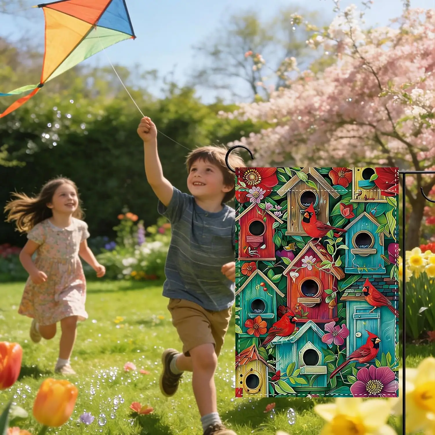 Spring Summer Cardinal Birdhouse Decorative Garden Flag, Farmhouse Red Bird Floral Small Yard Outside Decorations, Flower Bo EEZ