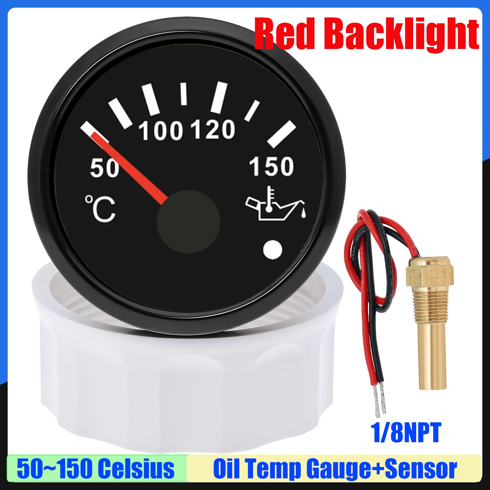 Red Backlight 52mm Oil Temperature Gauge+Sensor with Alarm 50~150 Celsius Oil Temp Meter Indicator for Marine Boat Car 12V 24V