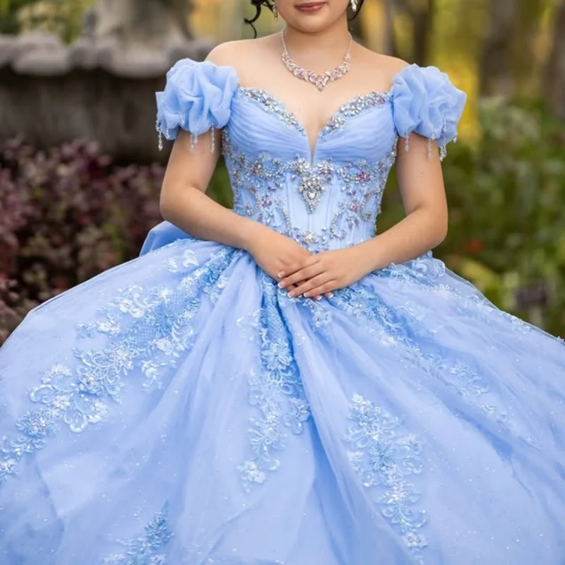 

sky blue Quinceanera Dress crystal glitter Decal 3D flower layering Long tail Bow Vestidos De 15 Quinceanera ﻿Customize
