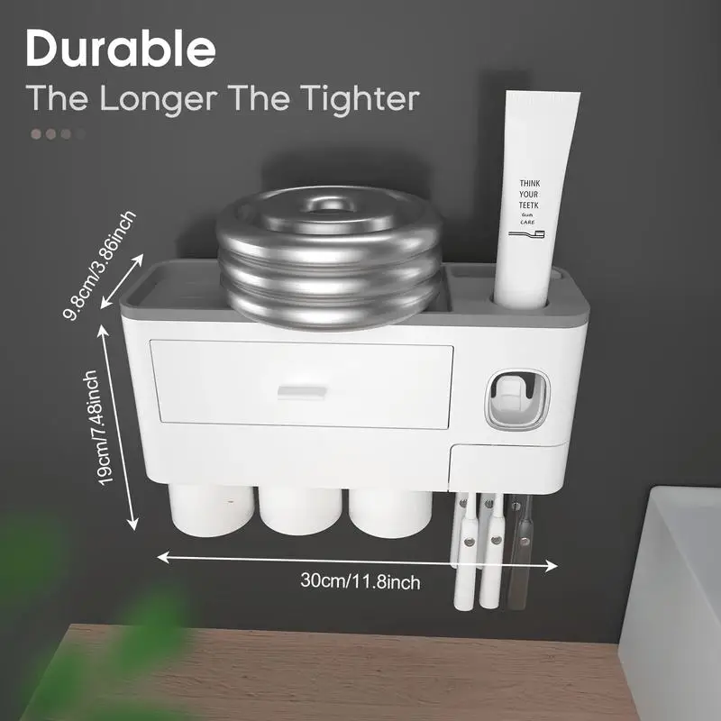 Wall Mounted Toothbrush Holder Set with Automatic Toothpaste Dispenser Squeezer 2-4 Cups Large Capacity Bathroom Storage Organizer Rack Cosmetic Makeup Drawer Shelf Washroom Accessories Space Saver