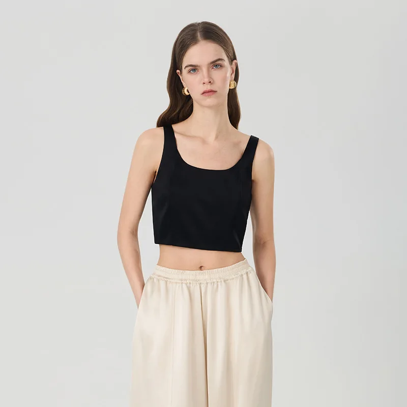 2026 Mulberry Silk Crop Tank Top Women Square Neck Wide Strap Satin Camisole Elegant Luxury Layering Office Daily Basic Cami Top
