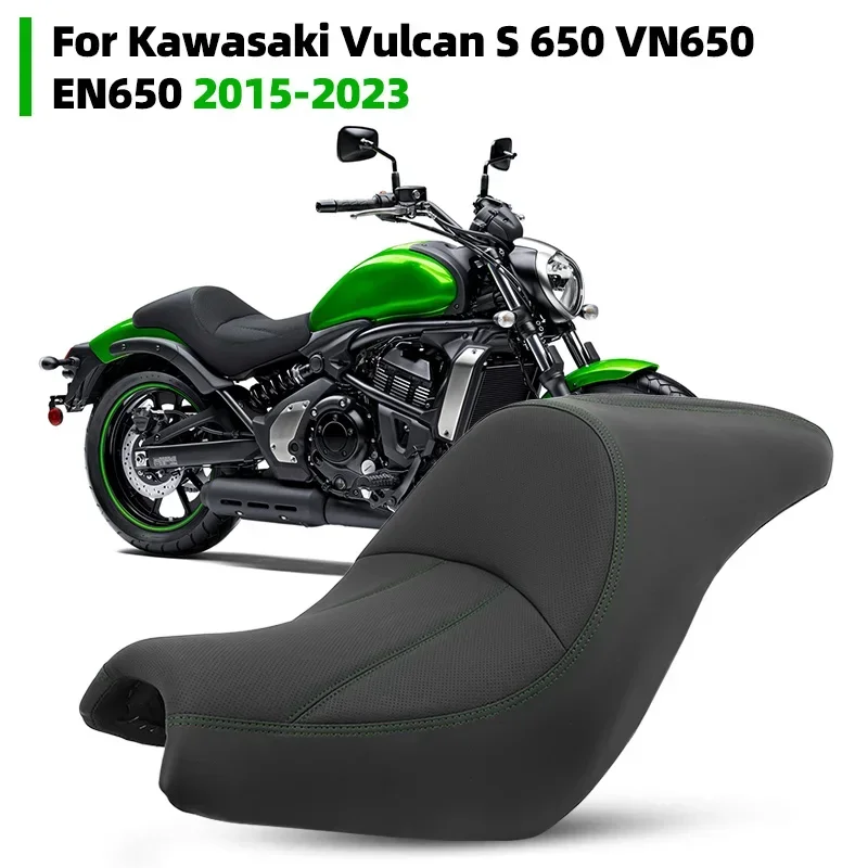 Podwójne poduszki do siedzenia ze skóry PU z zielonym ściegiem akcesoria motocyklowe do Kawasaki Vulcan S 650 VN650 EN650 2015-2023