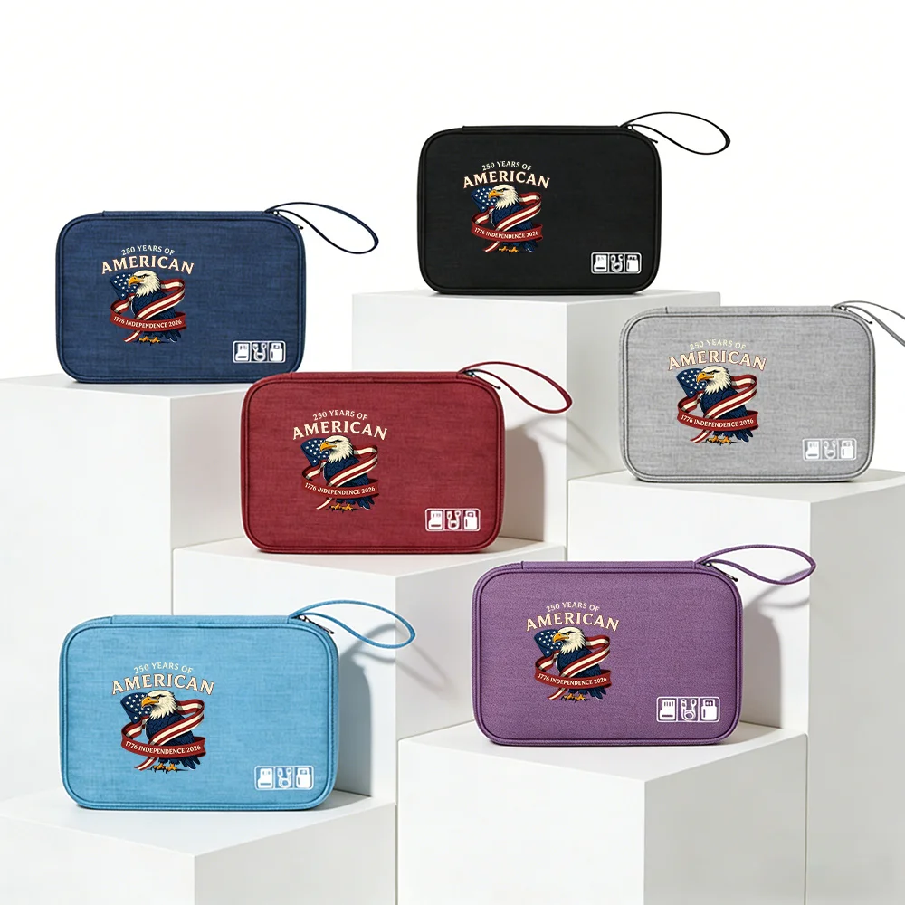 1PC 2D US 250th Independence Print Electronic Storage Bag Cation Fabric Organizer for Cable Earphone Power Bank Travel Gift