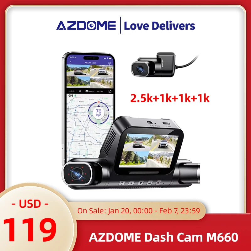 AZDOME 360° Dash Cam M660 Front Rear Inside Car Camera 5G WiFi GPS 4 Channel Dash Camera for Cars IR Night Vision 2.5K+1K+1K+1K