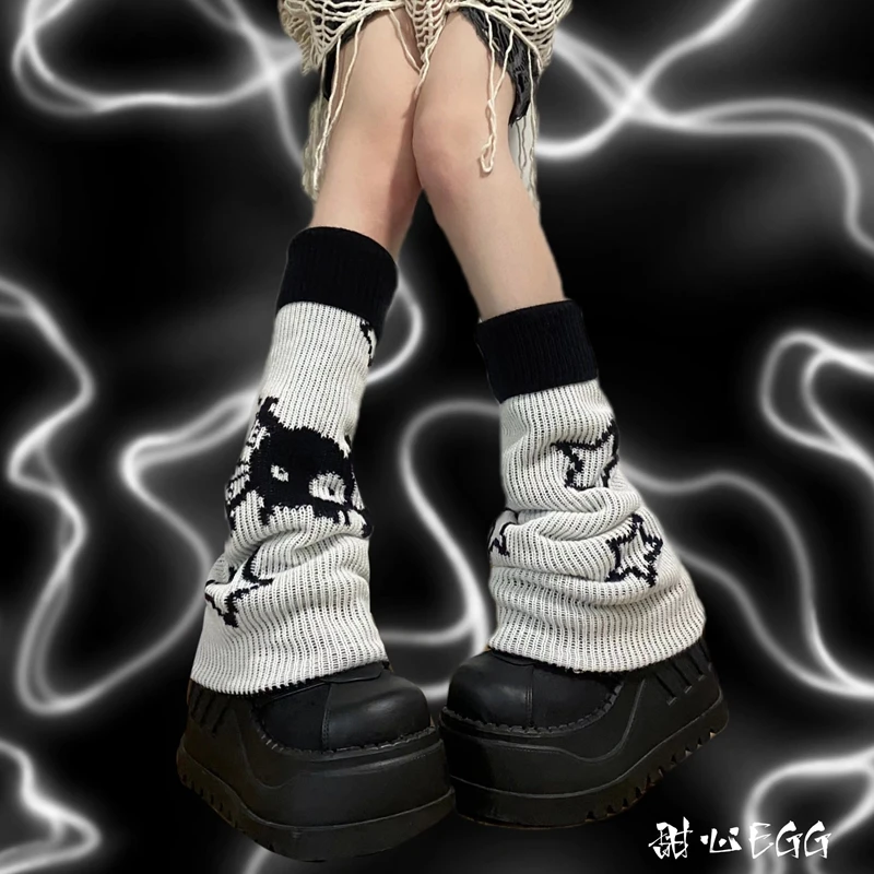 Mikumn Harajuku Y2k Star Skull Black White Knitted Two-side Wear Leg Warmers Socks Punk Girls Chic Streetwear Leg Cover