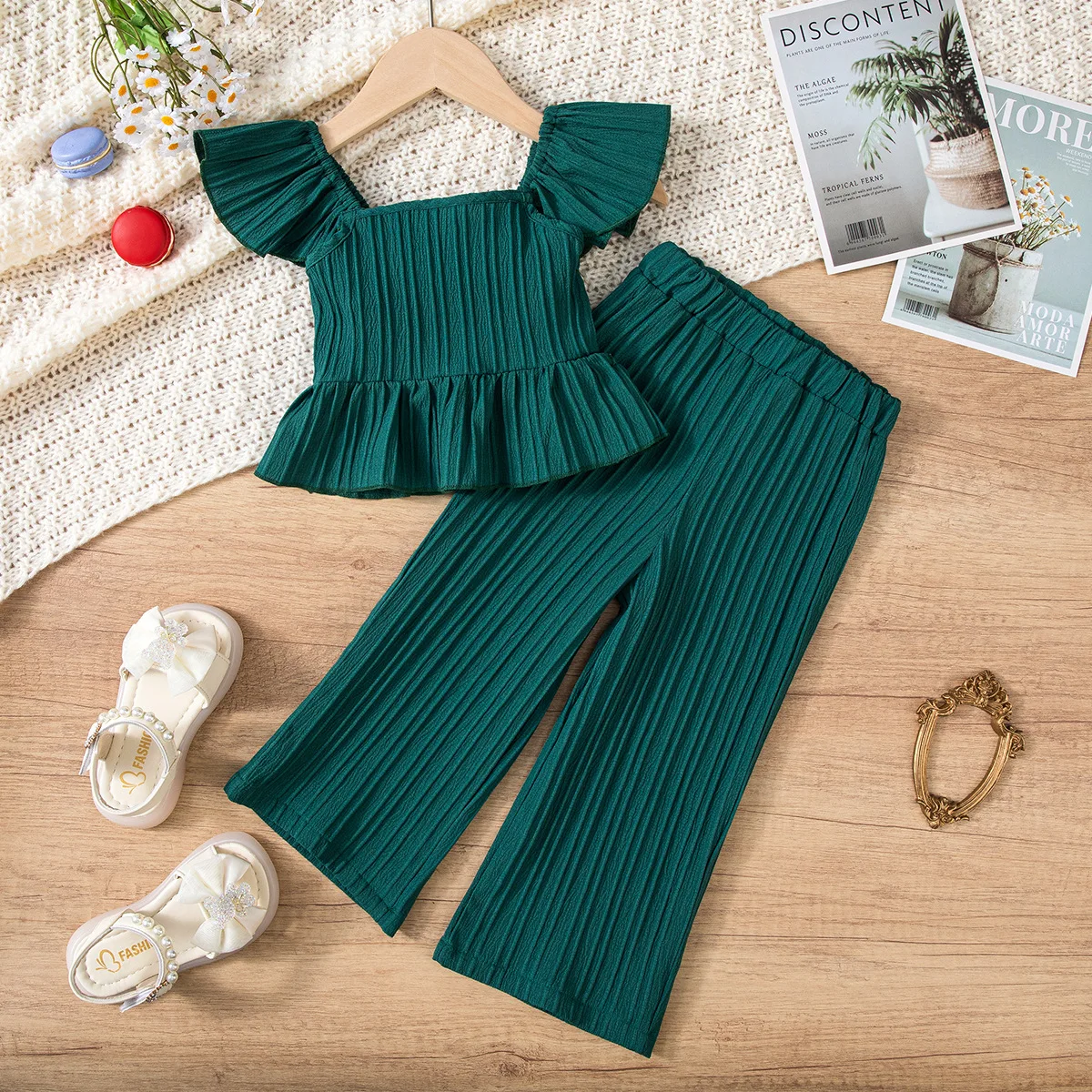 Somenie New Summer Girls Bow Peter Pan Collar Flutter Sleeve Top Solid Texture Casual Pants 2Pcs Set