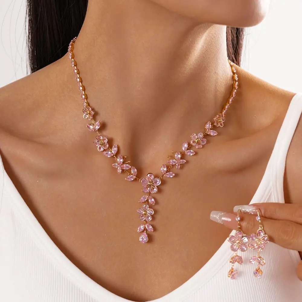 

New Trendy Flower Bow Necklaces Earrings Exquisite Temperament Clavicle Chain Advanced Sense Sweet Zircon Necklaces Party