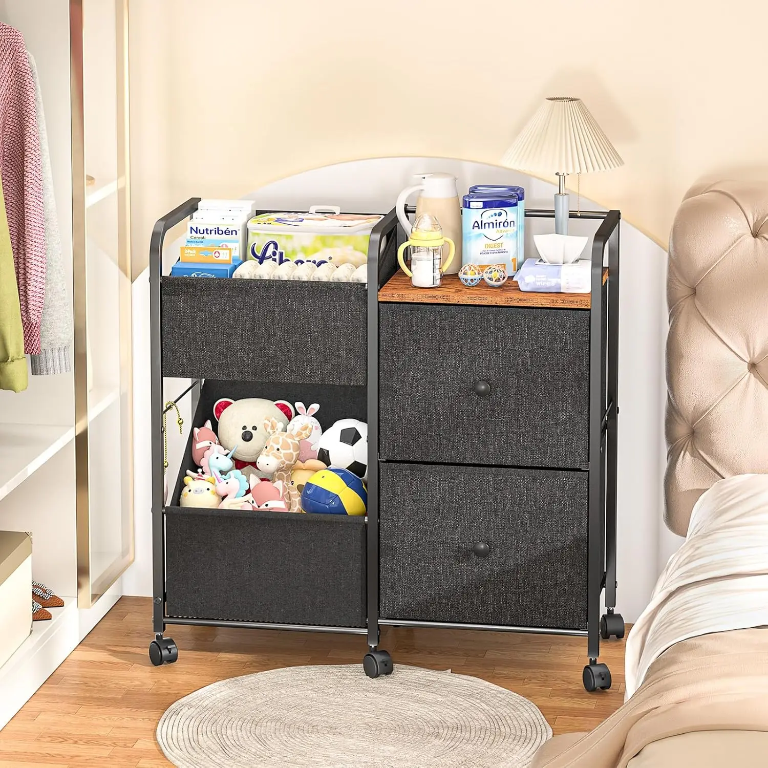 

Baby Diaper Caddy Organizer Cart, Bedside Cart for Baby Essentials, Newborn Rolling Ulitity Cart with Drawers and Wheels