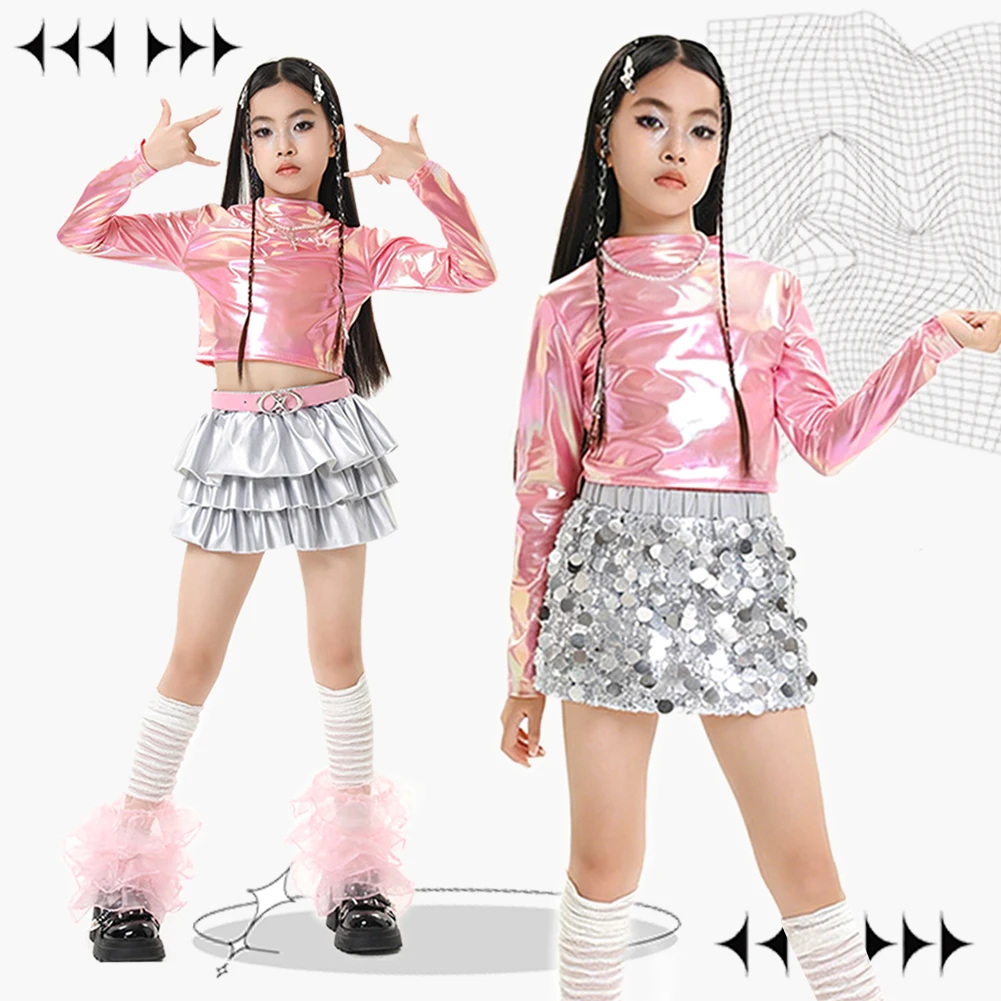 LOlanta Metallic Dance Tops Sequins Skirts for Girls Jazz Dance Outfit Hip Hop Street Dance Trendy Clothes Performance Costume